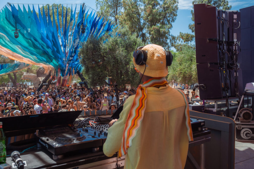 A DJ hits the decks at The Woogie Stage to a huge crowd at Lightning in a Bottle.